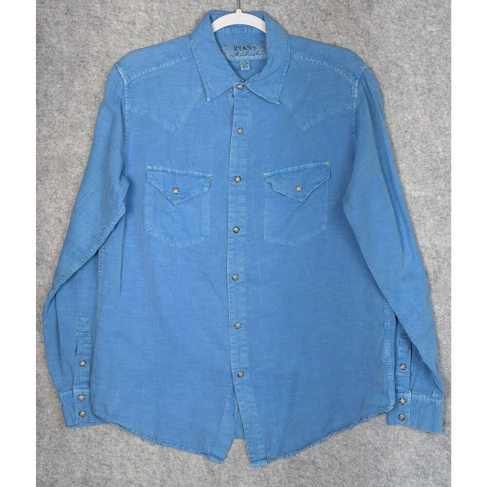 Ryan Michael Mens Western Shirt Medium Bluejay Star Snaps Silk Linen Blend